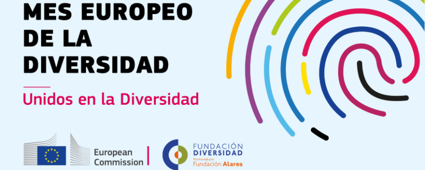 Logo mes europeo de la diversidad. Lema Unidos en la Diversidad. Incluye una imagen de espiral de colores