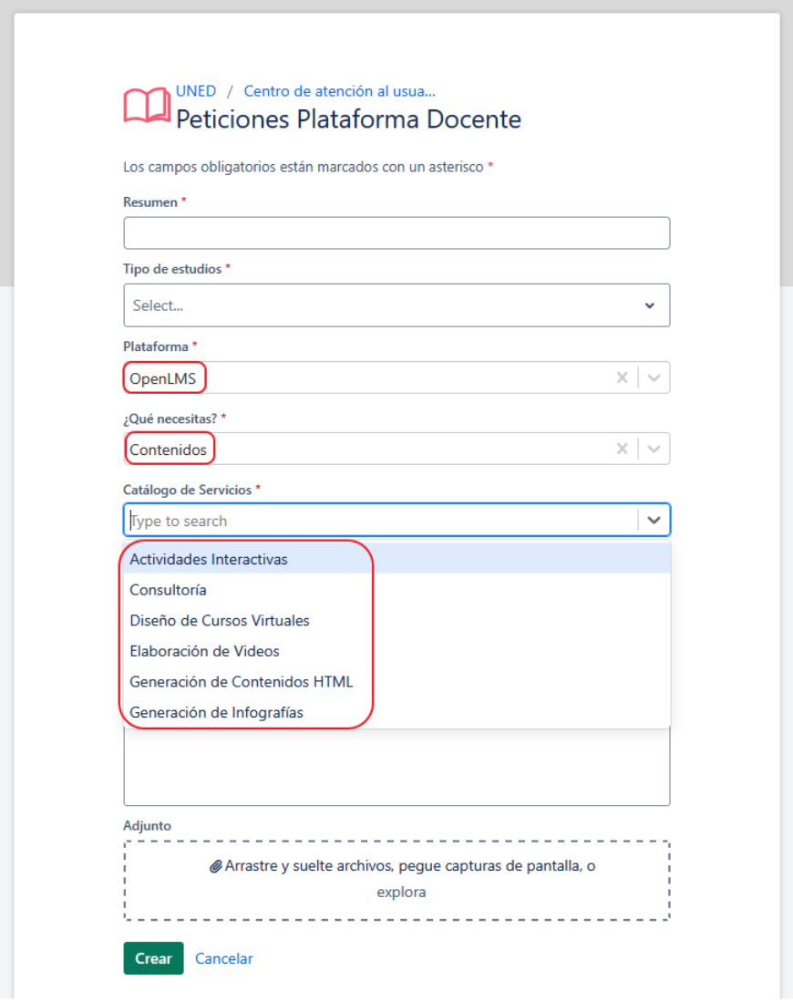 Captura petición servicios Captura del formulario para petición de servicios