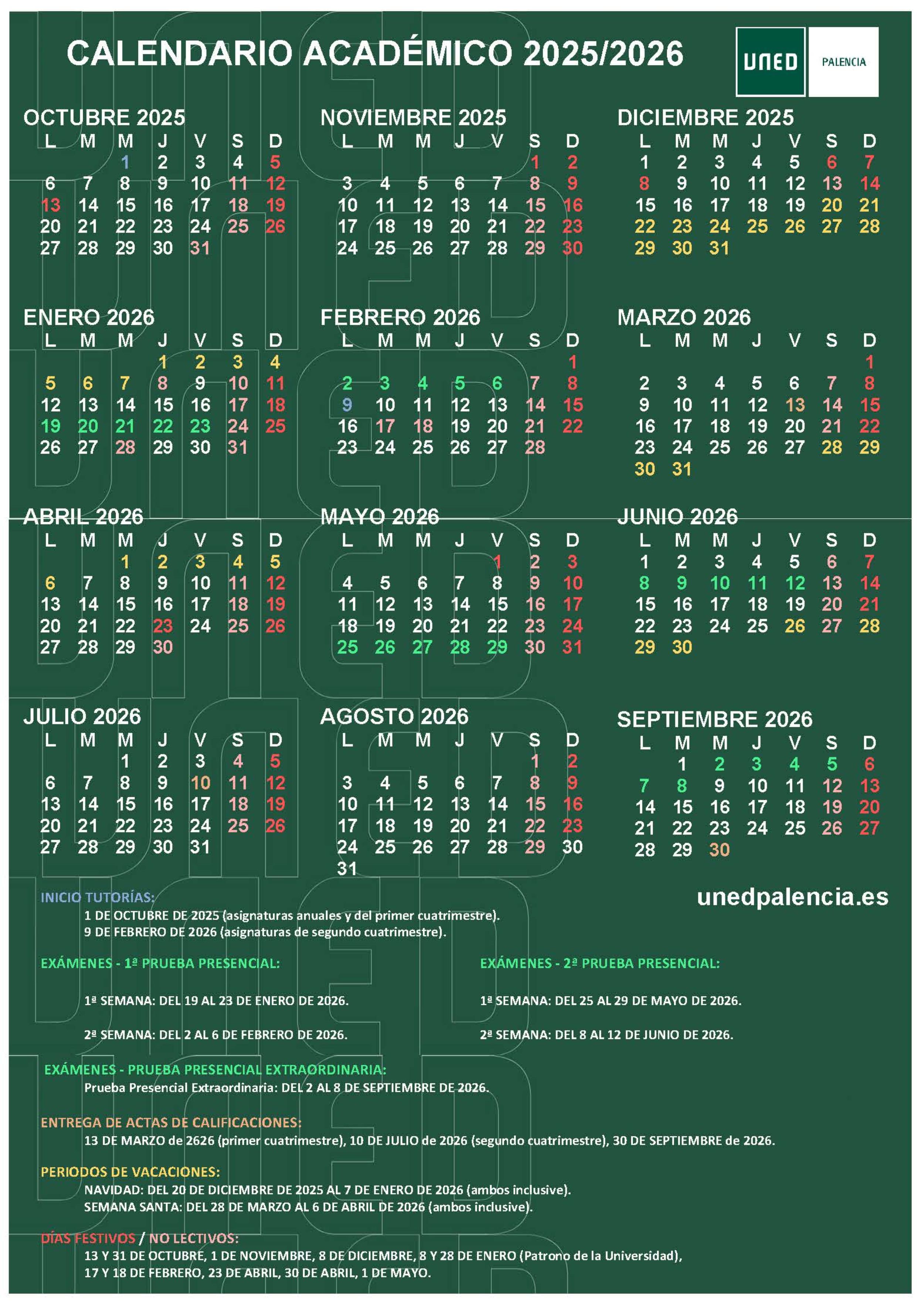 Calendario Académico UNED Palencia 2024-2025