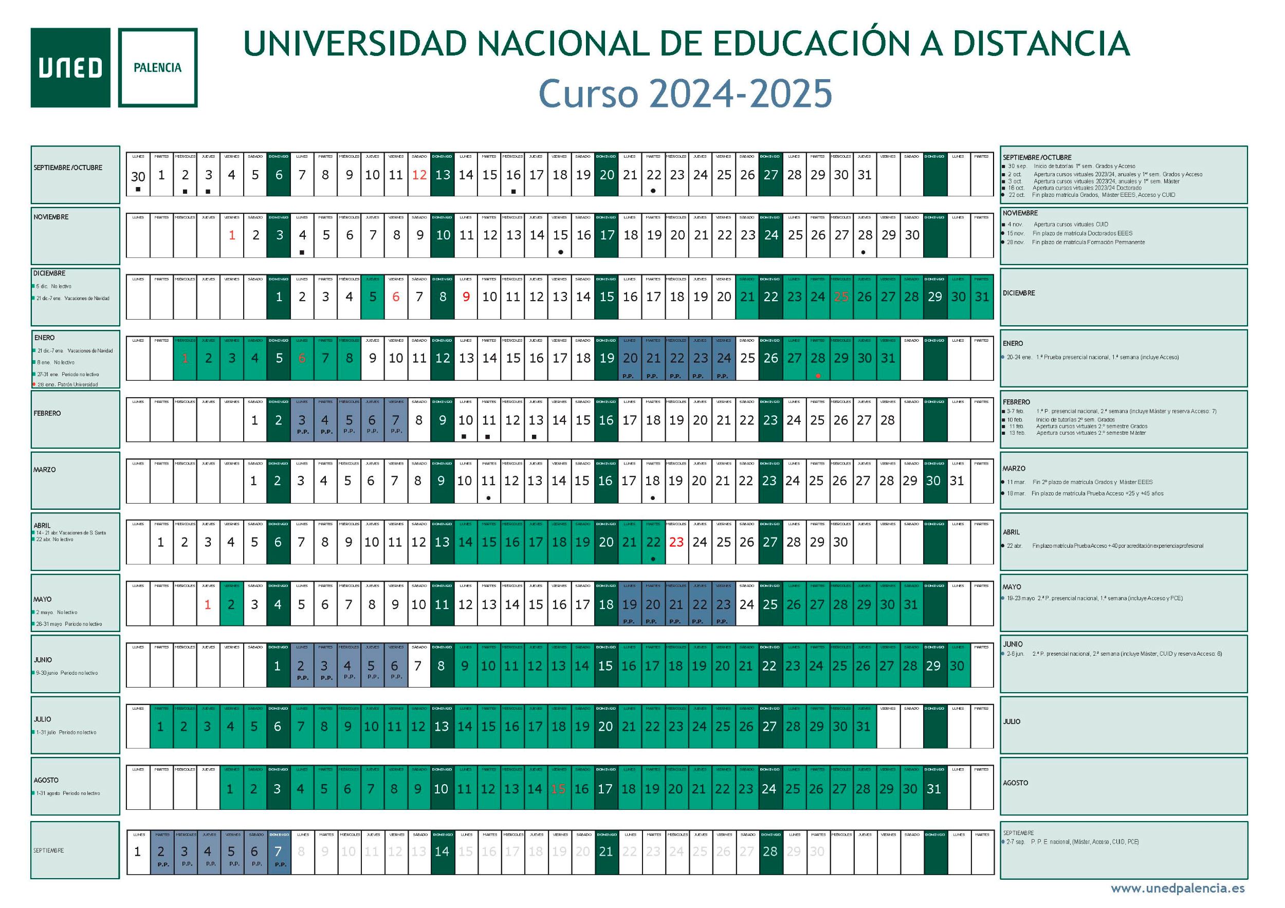 Calendario Académico UNED Palencia 2024-2025