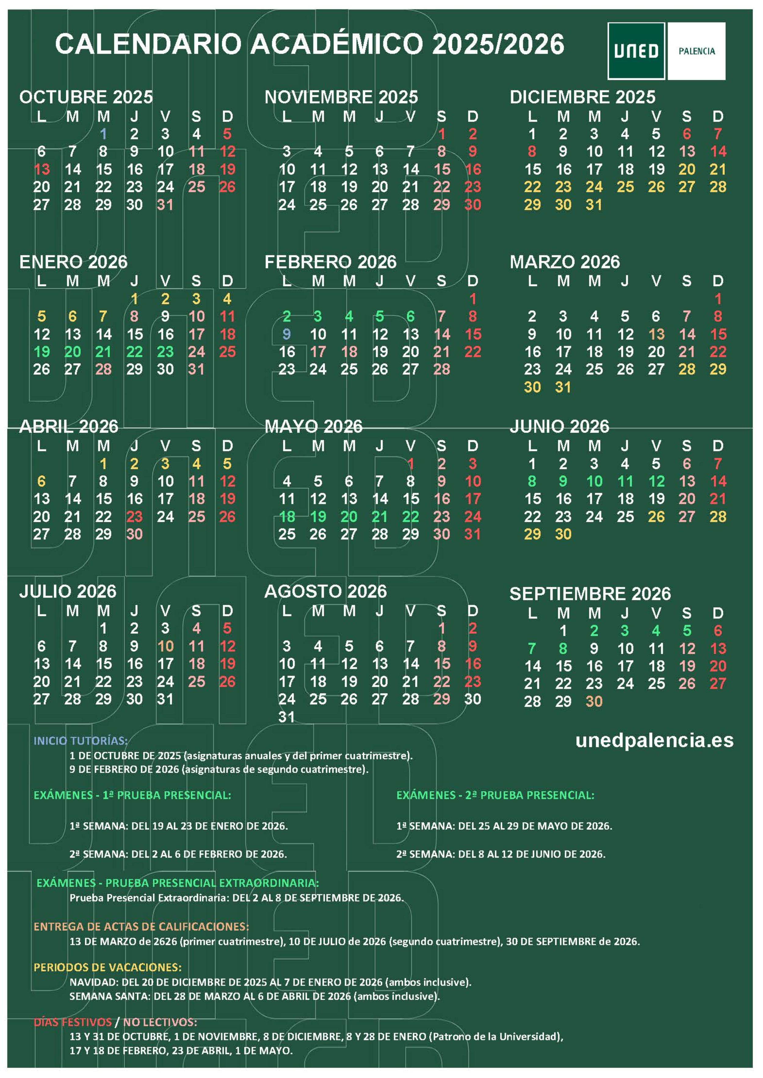 Calendario Académico UNED Palencia 2024-2025