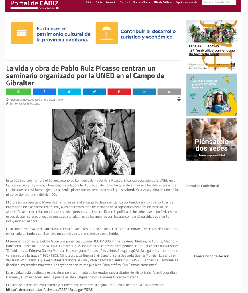 La vida y obra de Pablo Ruiz Picasso centran un seminario organizado por la UNED en el Campo de gibraltar