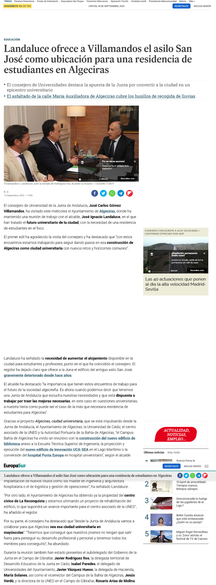 Landaluce ofrece asilo San José como ubicación para una residencia de estudiantes en Algeciras