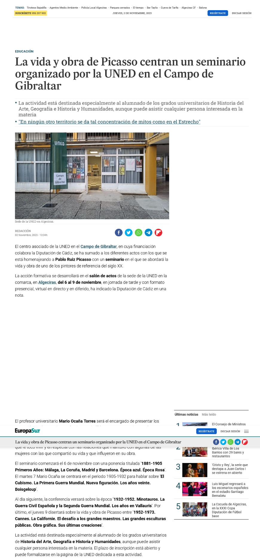 La vida y obra de Pablo Ruiz Picasso centran un seminario organizado por la UNED en el Campo de gibraltar