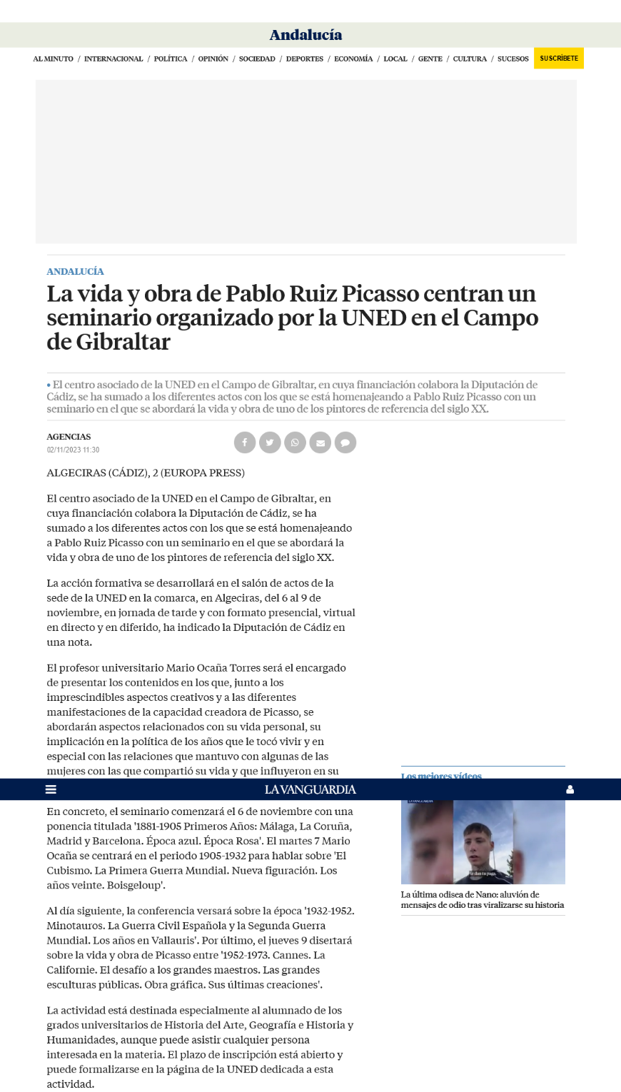La vida y obra de Pablo Ruiz Picasso centran un seminario organizado por la UNED en el Campo de Gibraltar