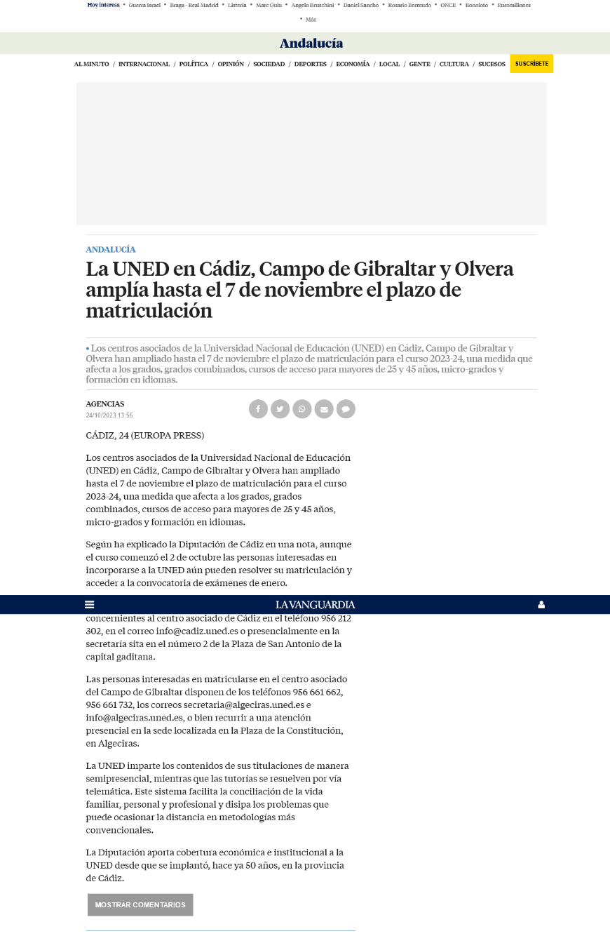 La UNED en Cádiz, Campo de Gibraltar y Olvera amplía hasta el 7 de Noviembre el plazo de matriculación