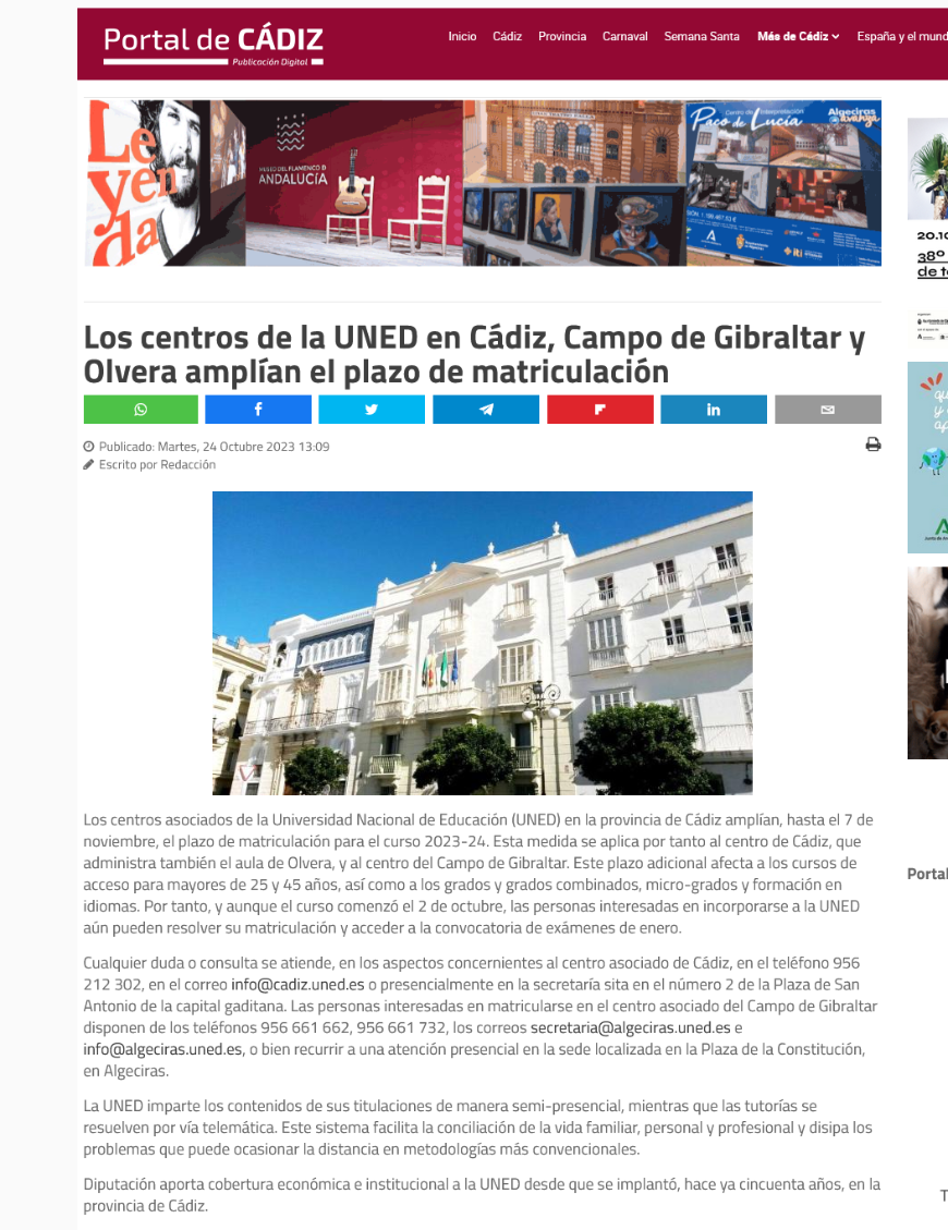 La UNED en Cádiz, Campo de Gibraltar y Olvera amplía hasta el 7 de Noviembre el plazo de matriculación
