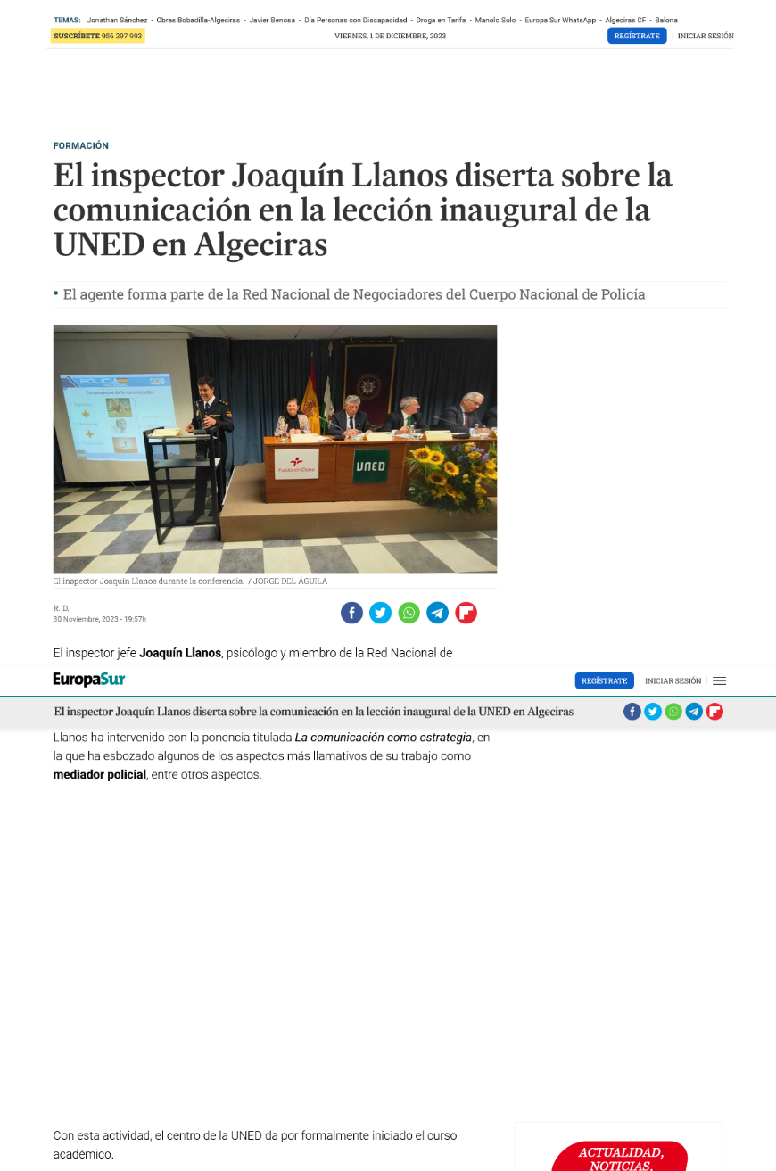 El inspector Joaquín Llanos diserta sobre la comunicación en la lección inaugural de la UNED en Algeciras
