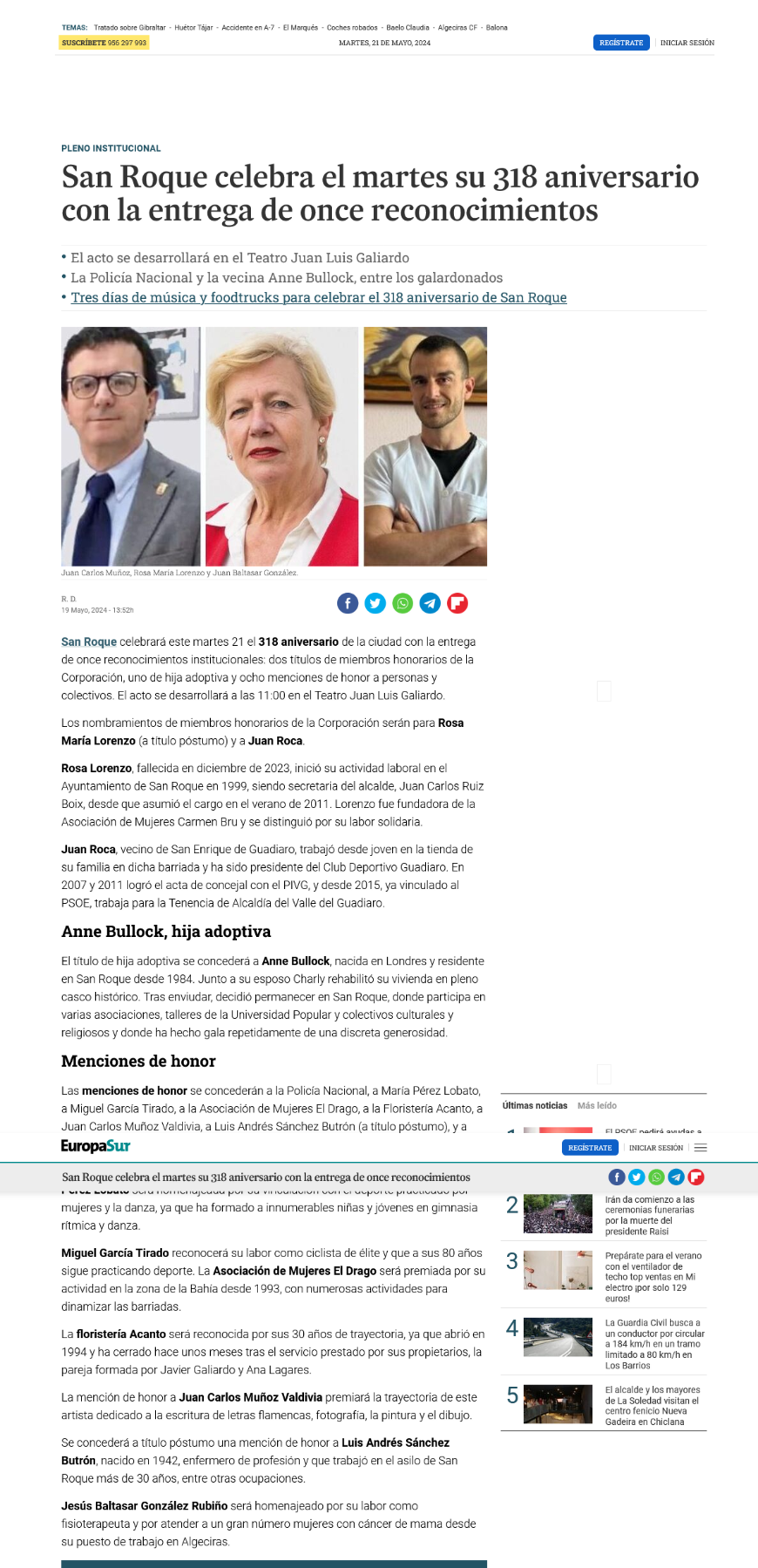 San Roque celebra el martes su 318 aniversario con la entrega de once reconocimientos