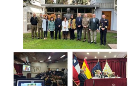 En el centro de la primera imagen, la ministra de Defensa de Chile, Adriana Delpiano Puelma junto a los componentes de la Dirección de los institutos participantes