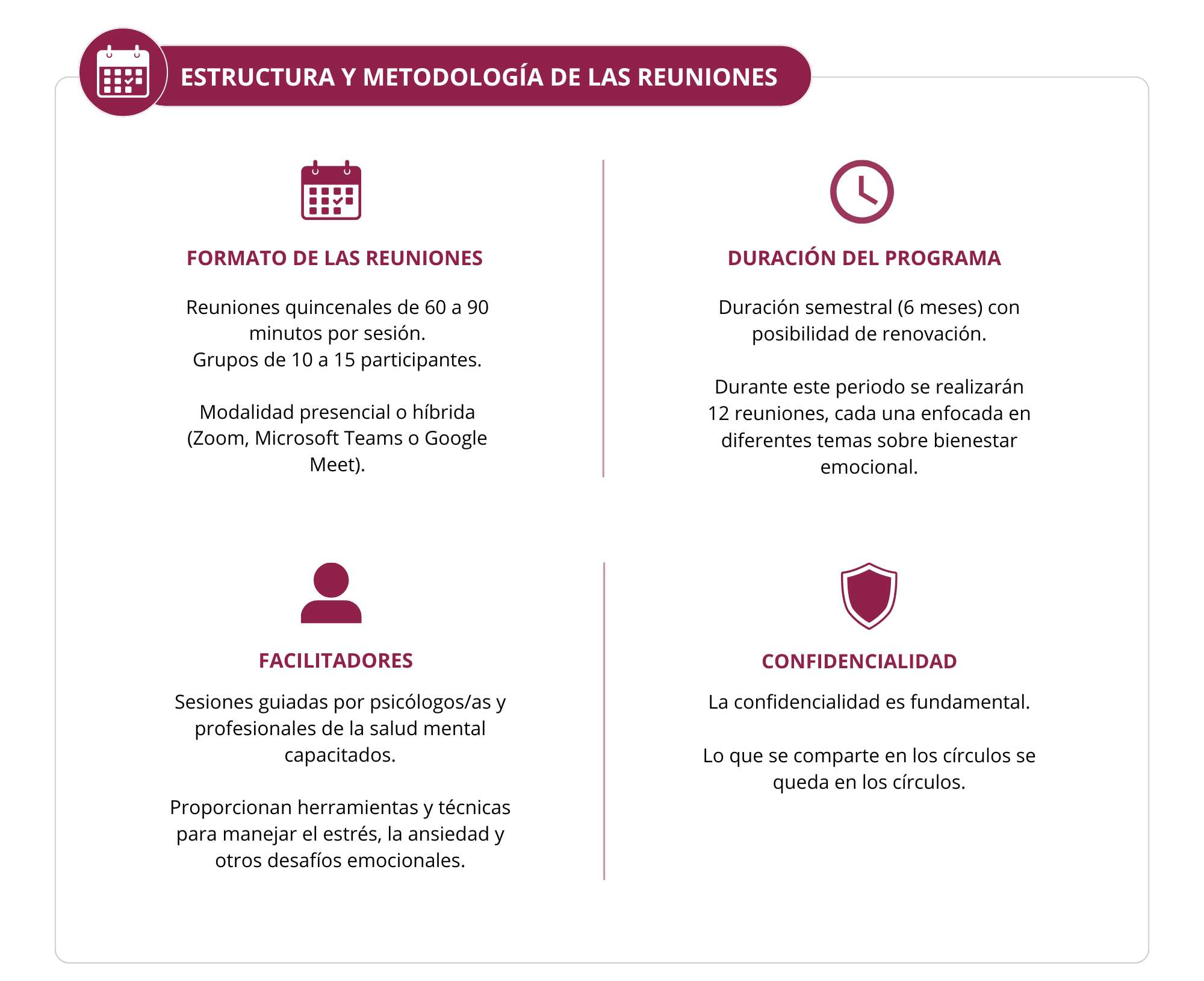 ESTRUCTURA Y METODOLOGÍA DE LAS REUNIONES  Formato de las reuniones Reuniones quincenales de 60 a 90 minutos por sesión. Grupos de 10 a 15 participantes. Modalidad presencial o híbrida (Zoom, Microsoft Teams o Google Meet).  Duración del programa Duración semestral (6 meses) con posibilidad de renovación. Durante este periodo se realizarán 12 reuniones, cada una enfocada en diferentes temas sobre bienestar emocional.  Facilitadores Sesiones guiadas por psicólogos/as y profesionales de la salud mental capacitados. Proporcionan herramientas y técnicas para manejar el estrés, la ansiedad y otros desafíos emocionales.  Confidencialidad La confidencialidad es fundamental. Lo que se comparte en los círculos se queda en los círculos.