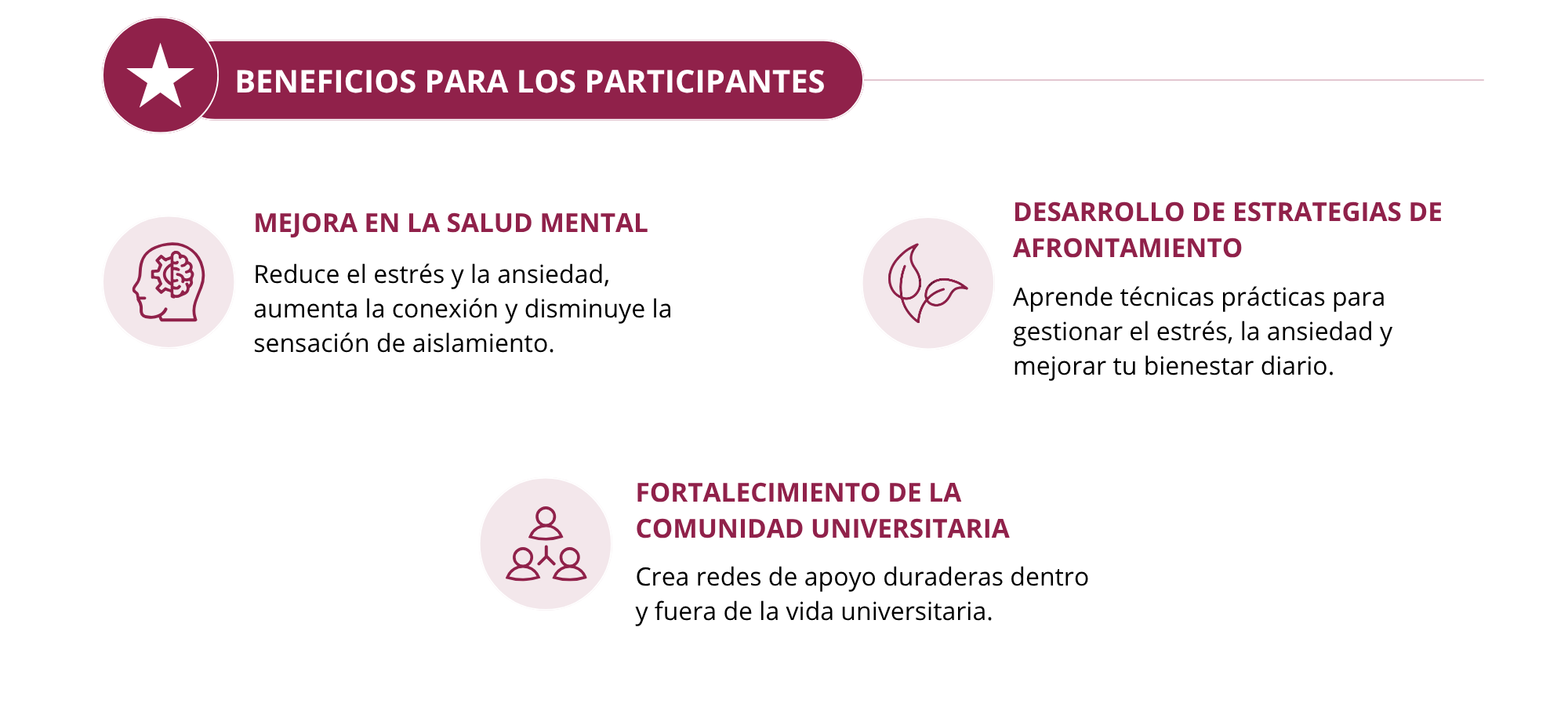 BENEFICIOS PARA LOS PARTICIPANTES  Mejora en la salud mental Reduce el estrés y la ansiedad, aumenta la conexión y disminuye la sensación de aislamiento.  Desarrollo de estrategias de afrontamiento Aprende técnicas prácticas para gestionar el estrés, la ansiedad y mejorar tu bienestar diario.  Fortalecimiento de la comunidad universitaria Crea redes de apoyo duraderas dentro y fuera de la vida universitaria.