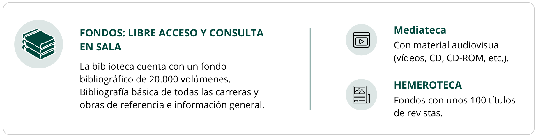 FONDOS: LIBRE ACCESO Y CONSULTA EN SALA La biblioteca cuenta con un fondo bibliográfico de 20.000 volúmenes. Bibliografía básica de todas las carreras y obras de referencia e información general. MEDIATECA Con material audiovisual (vídeos, CD, CD-ROM, etc.). HEMEROTECA Fondos con unos 100 títulos de revistas.