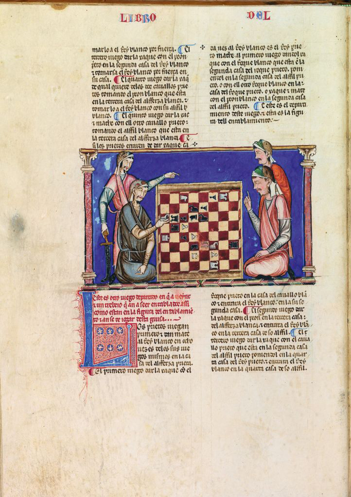 Iluminación, cuatro mongoles jugando al ajedrez. Alfonso X, Libro del axedrez, dados e tablas, Sevilla, 1283, El Escorial, Real Biblioteca del Monasterio de El Escorial, Ms. T-I-6, f. 20v