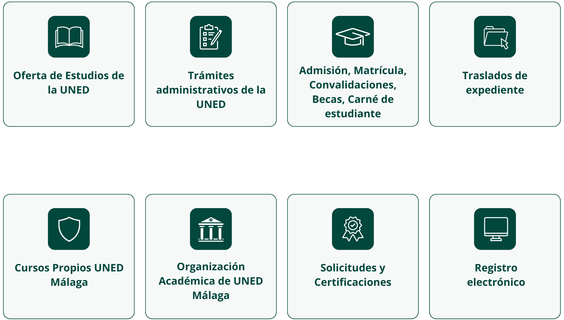 Oferta de Estudios de la UNED Trámites administrativos de la UNED Admisión, Matrícula, Convalidaciones, Becas, Carné de estudiante Traslados de expediente Cursos Propios UNED Málaga Organización Académica de UNED Málaga Solicitudes y Certificaciones Registro electrónico