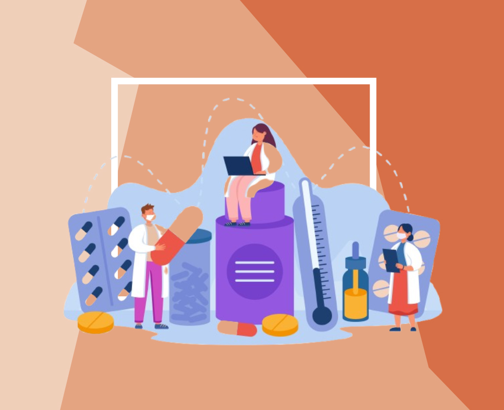 Ilustración con personajes y objetos relacionados con la saludo y los medicamentos