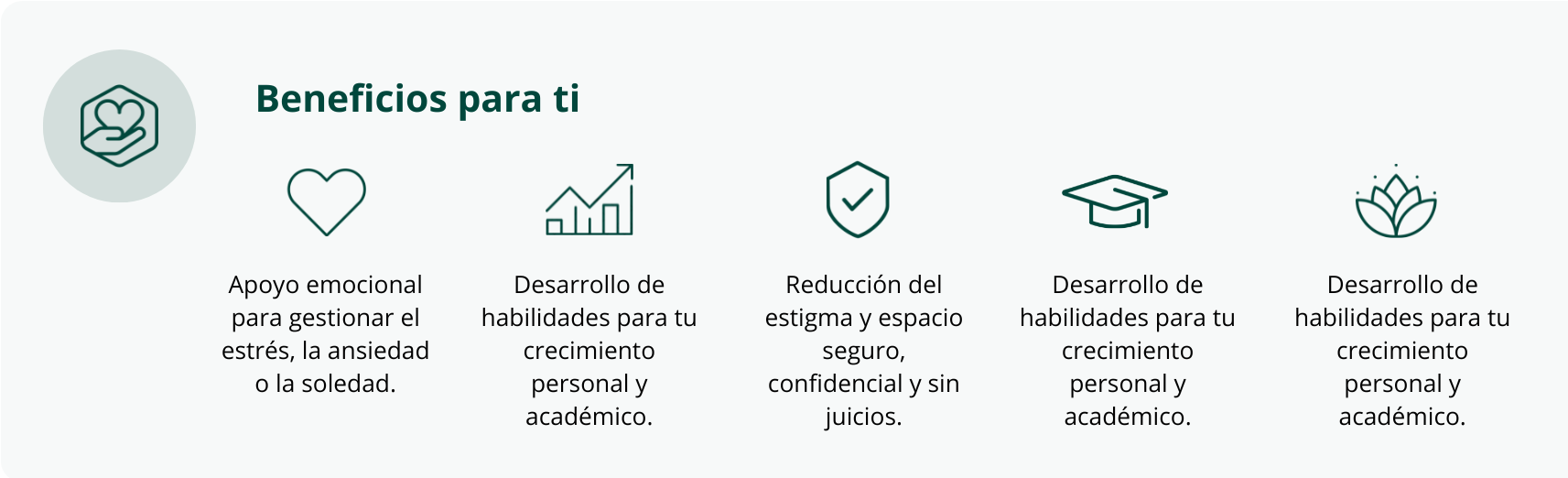 Beneficios para ti Apoyo emocional para gestionar el estrés, la ansiedad o la soledad. Desarrollo de habilidades para tu crecimiento personal y académico. Reducción del estigma y espacio seguro, confidencial y sin juicios. Desarrollo de habilidades para tu crecimiento personal y académico. Desarrollo de habilidades para tu crecimiento personal y académico.