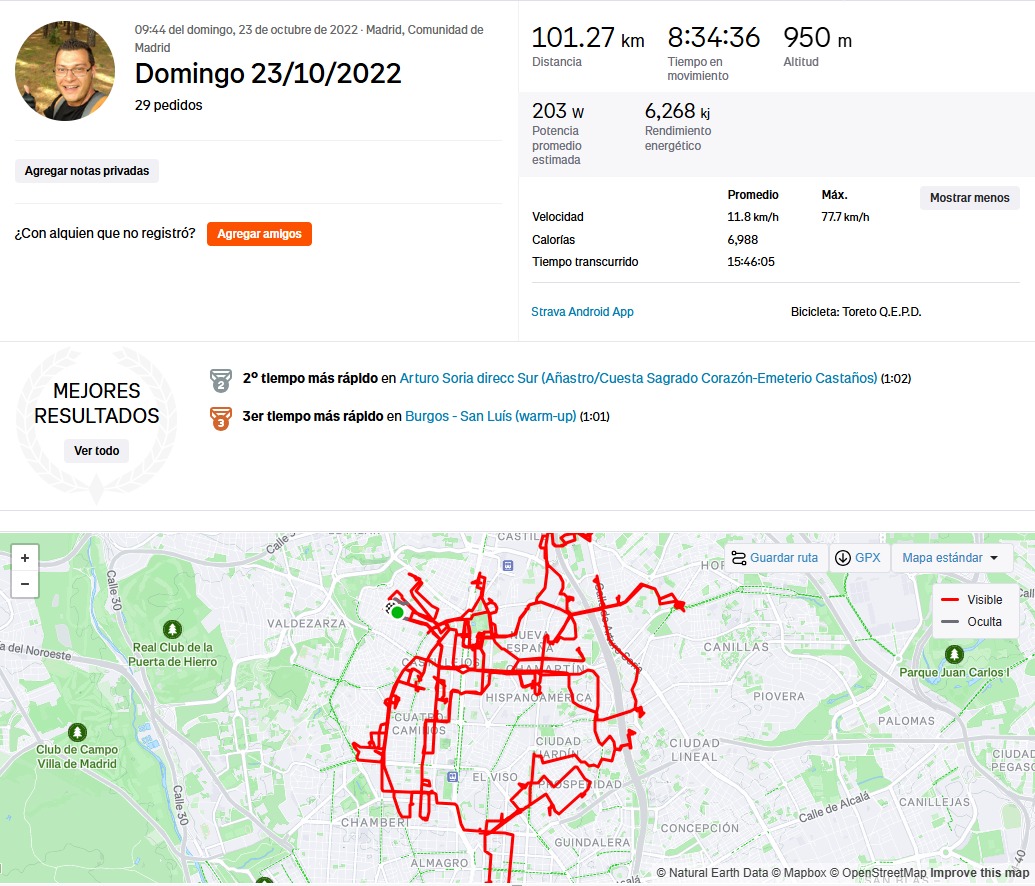Pantallazo de las cifras y el recorrido de la ruta de un día de trabajo de un repartidor