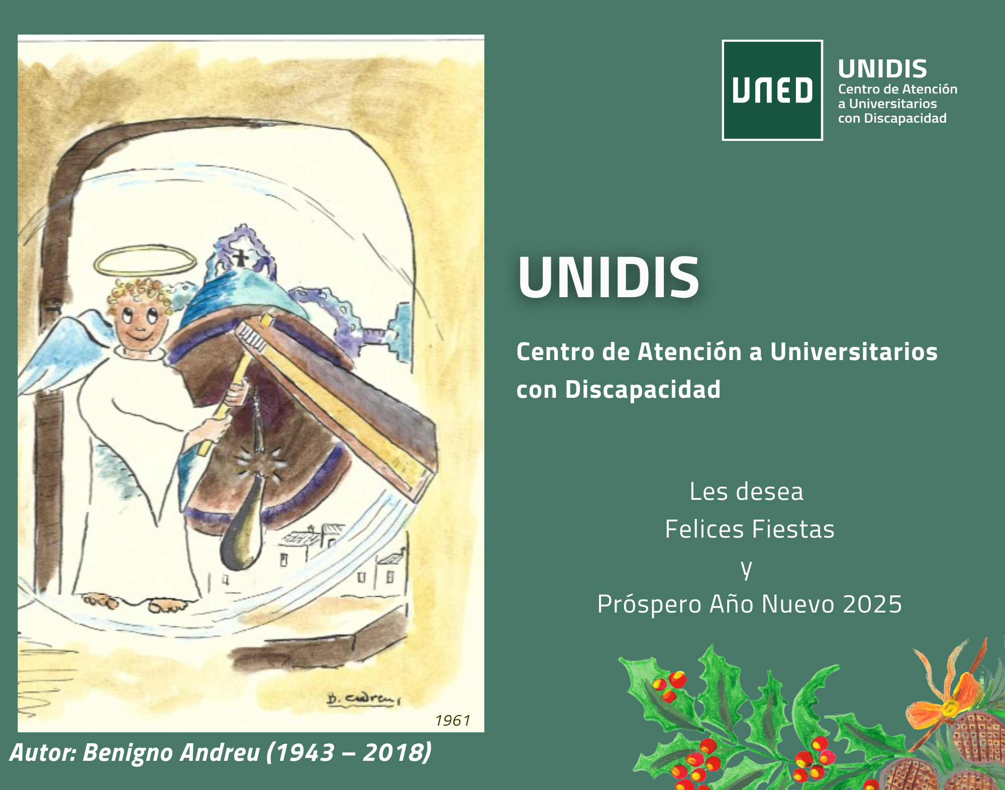 Postal NAvideña de UNIDIS, con una imagen de Benigno Andreu
